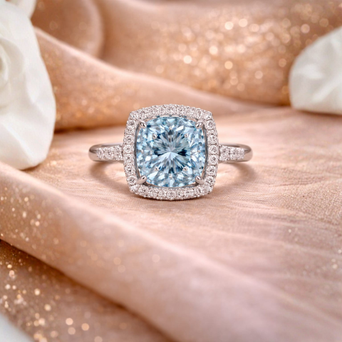 Azure Halo Cushion Ring